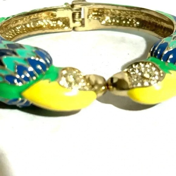 Enamel parrot bird clamper hinged cuff bracelet pave - Picture 2 of 4